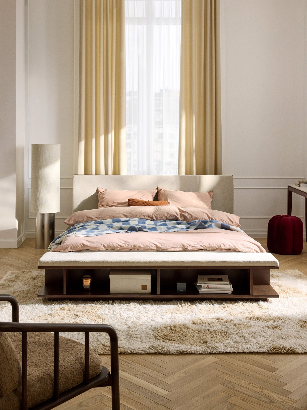 Clark Wood Bed Frame with Bench and Side Shelves