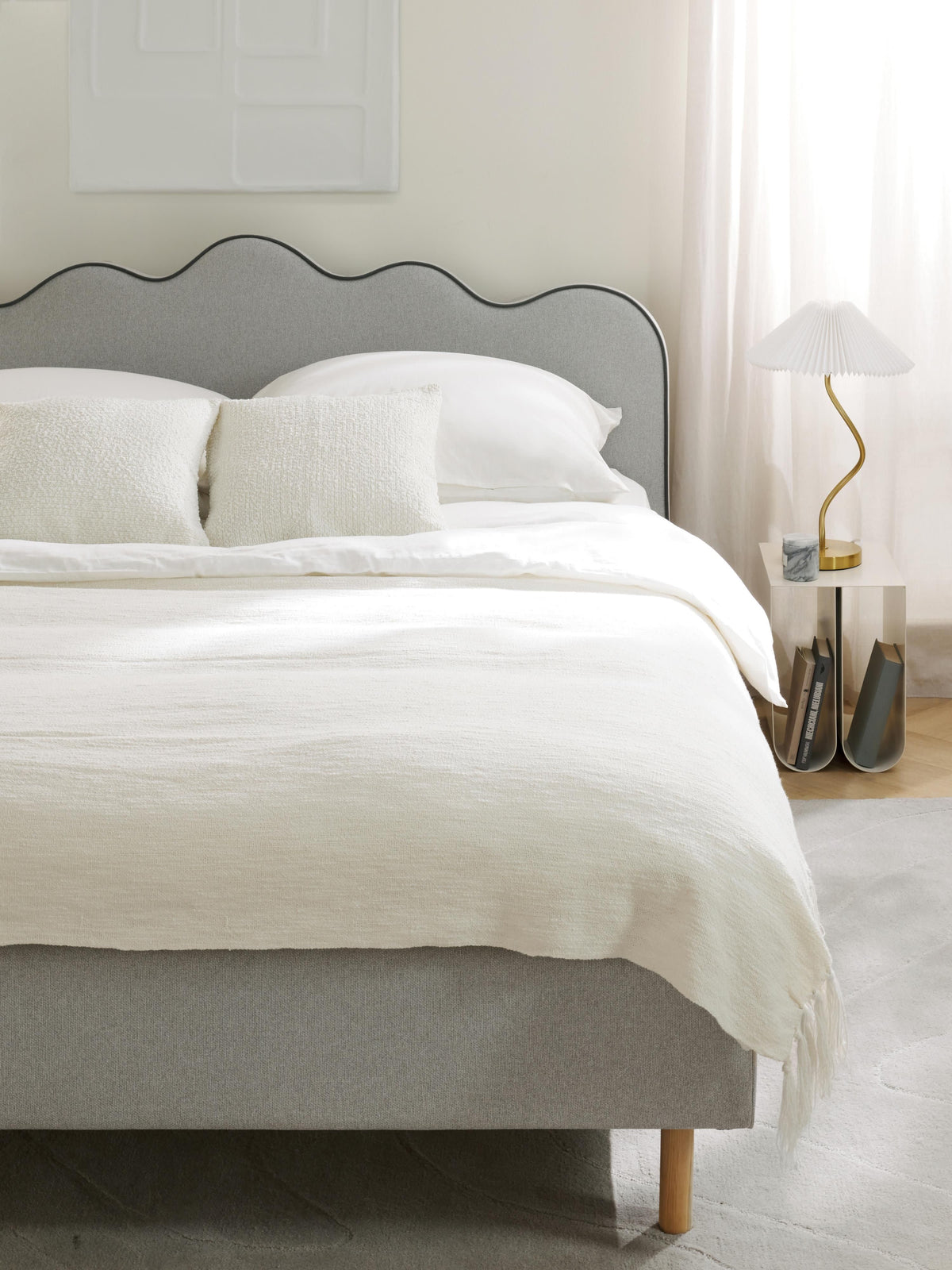 Romy Bed Frame with Wavy Headboard, Upholstered