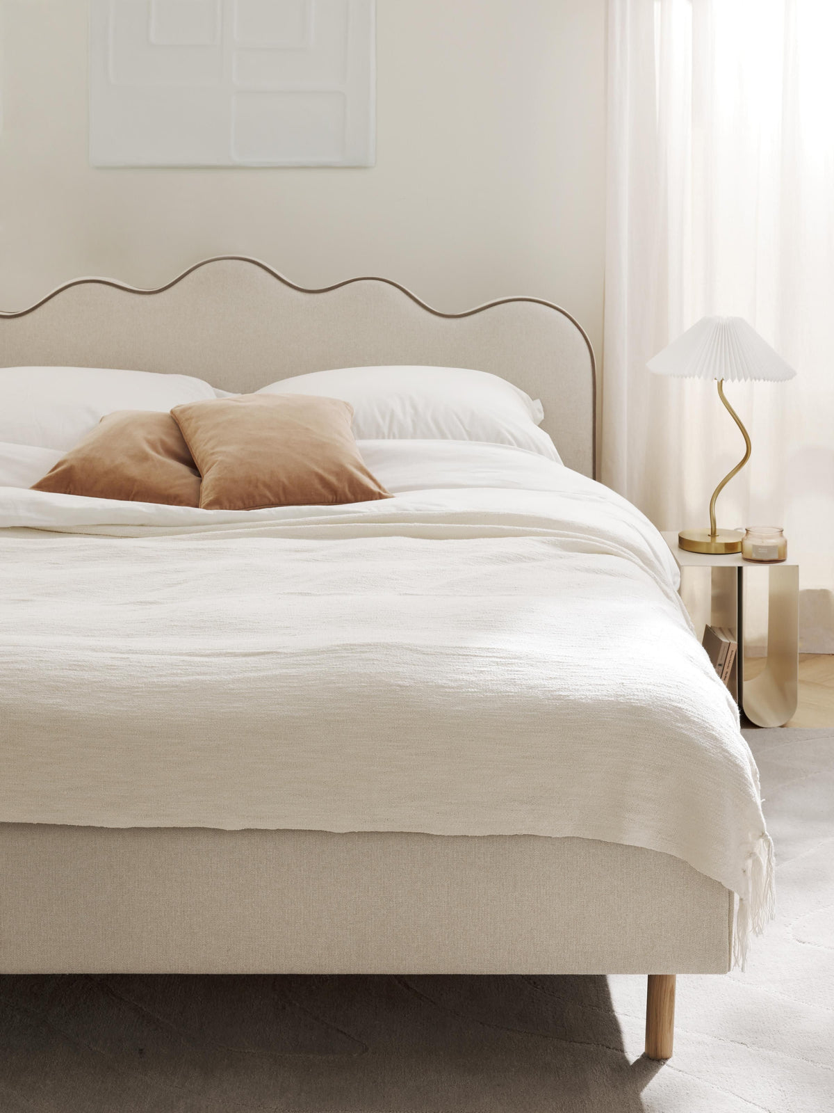 Romy Bed Frame with Wavy Headboard, Upholstered