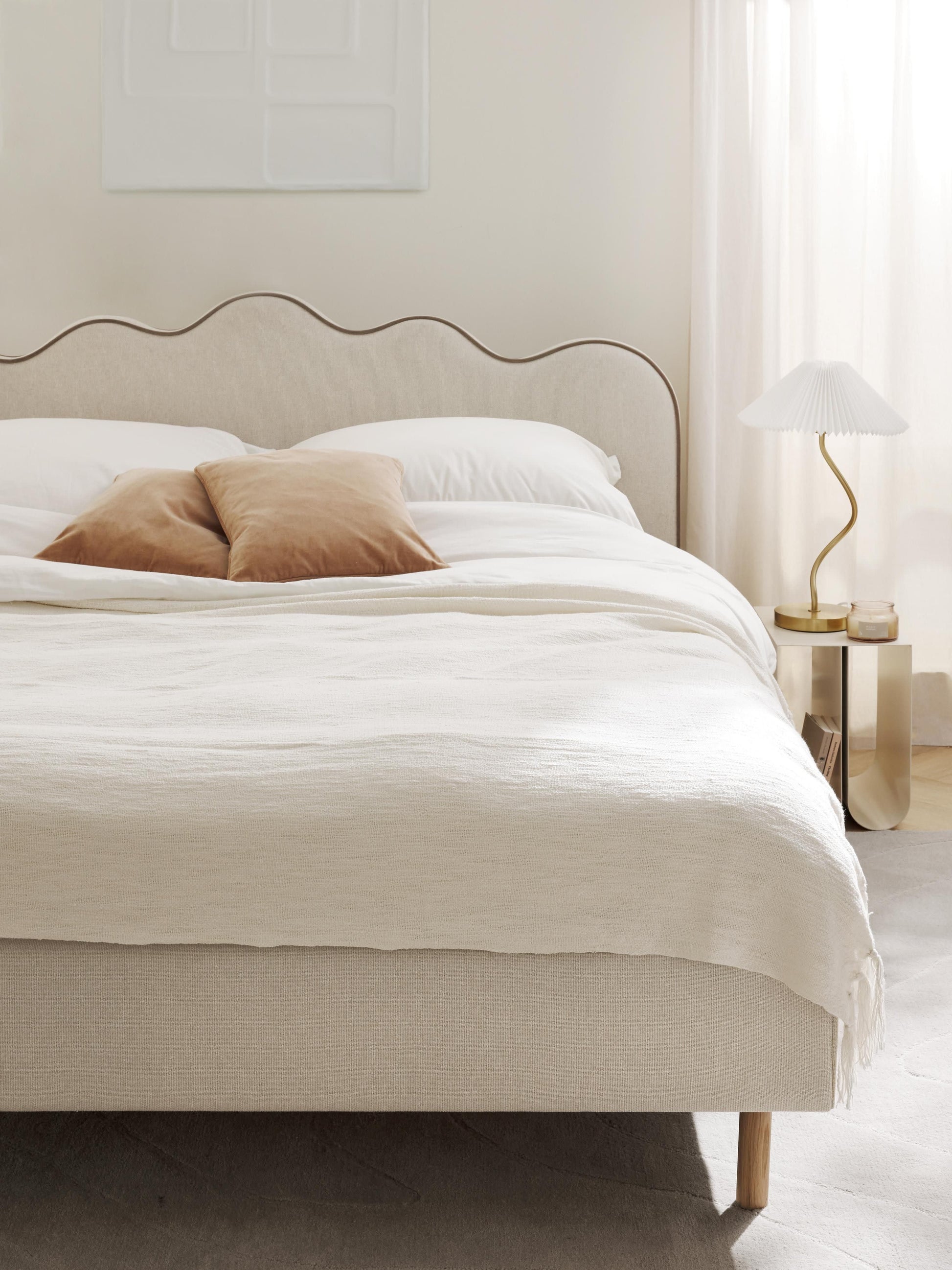 Romy Bed Frame with Wavy Headboard, Upholstered