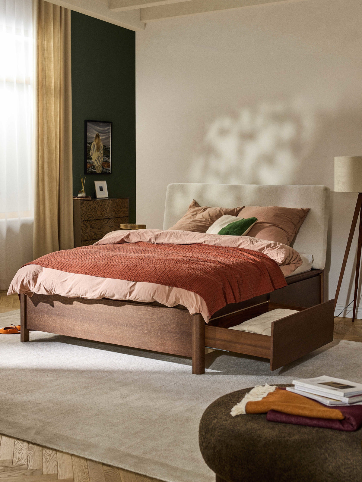 Santiago Wood Bed with Upholstered Headboard and Drawers